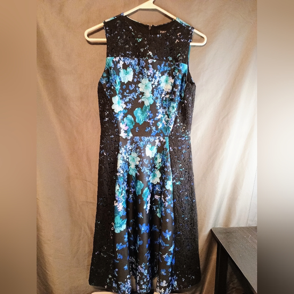 Roz And Ali Foral Sleeveless Black and Blue With Lace Knee Length Dress